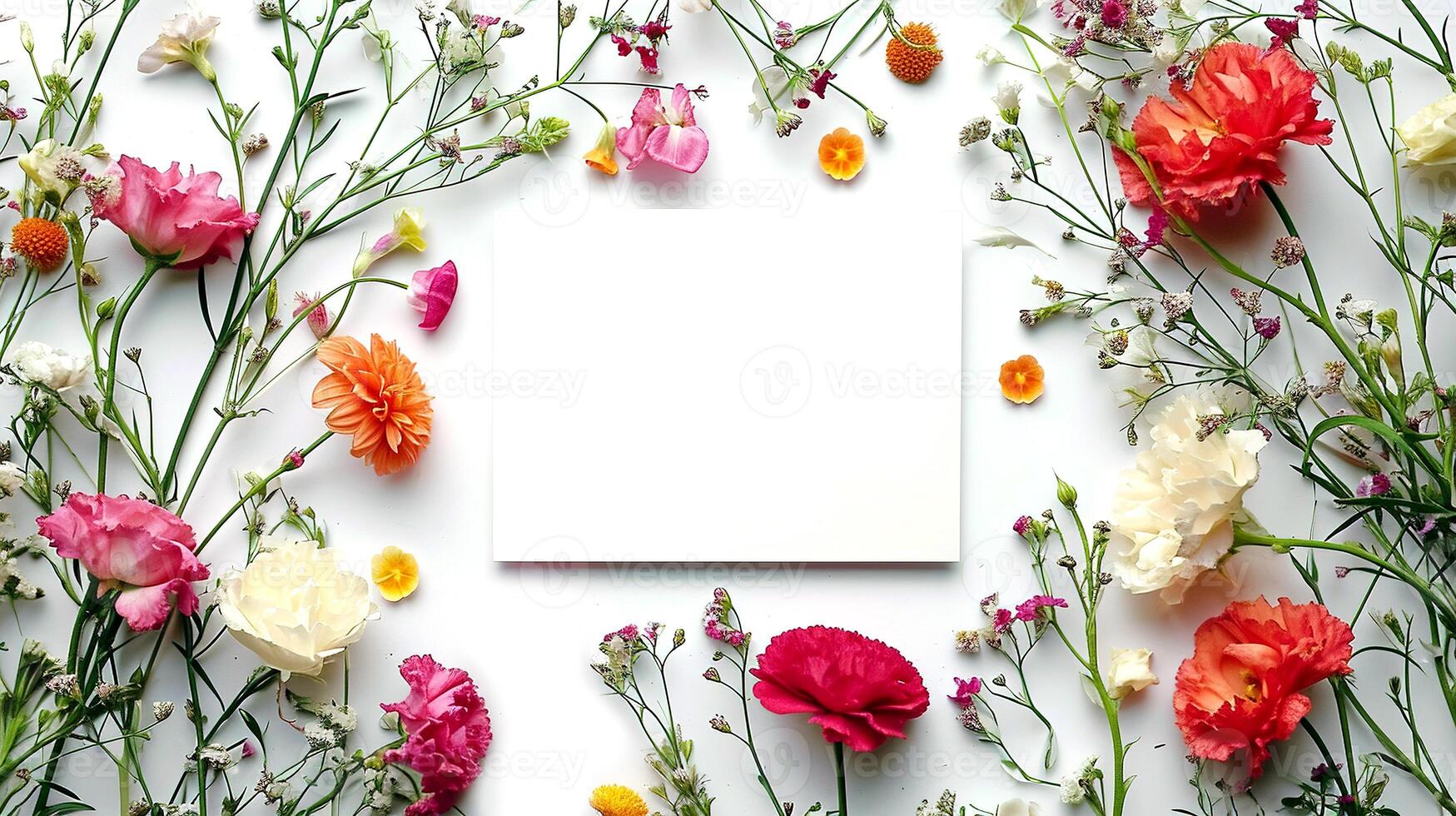 AI generated Floral arrangement with white empty square paper in the center on a white background. Beautiful carnations and wild flowers on white. photo