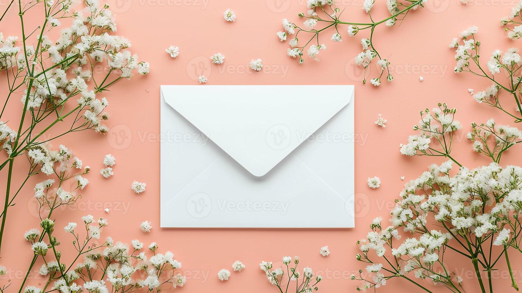 AI generated Top view of a white card template on a peach background in a white gypsophila frame. Background of delicate flowers and petals. photo