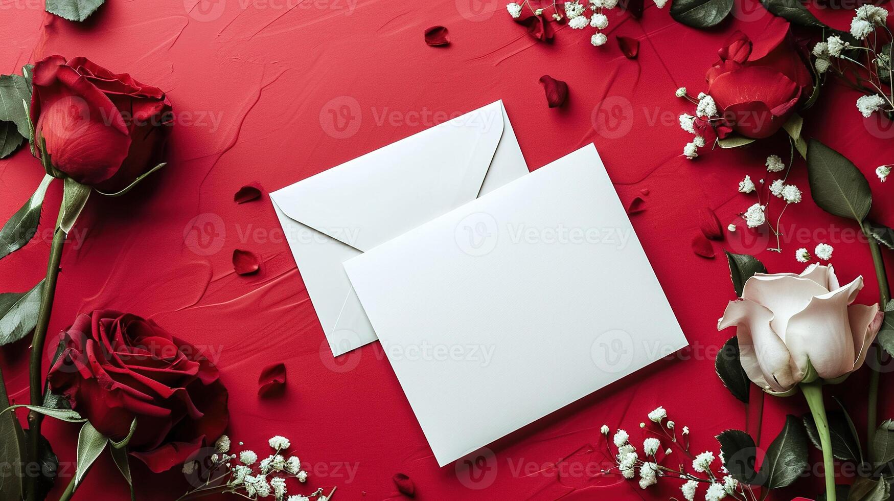 AI generated White envelope and blank white card on a raspberry pink background with three red and one white rose. photo