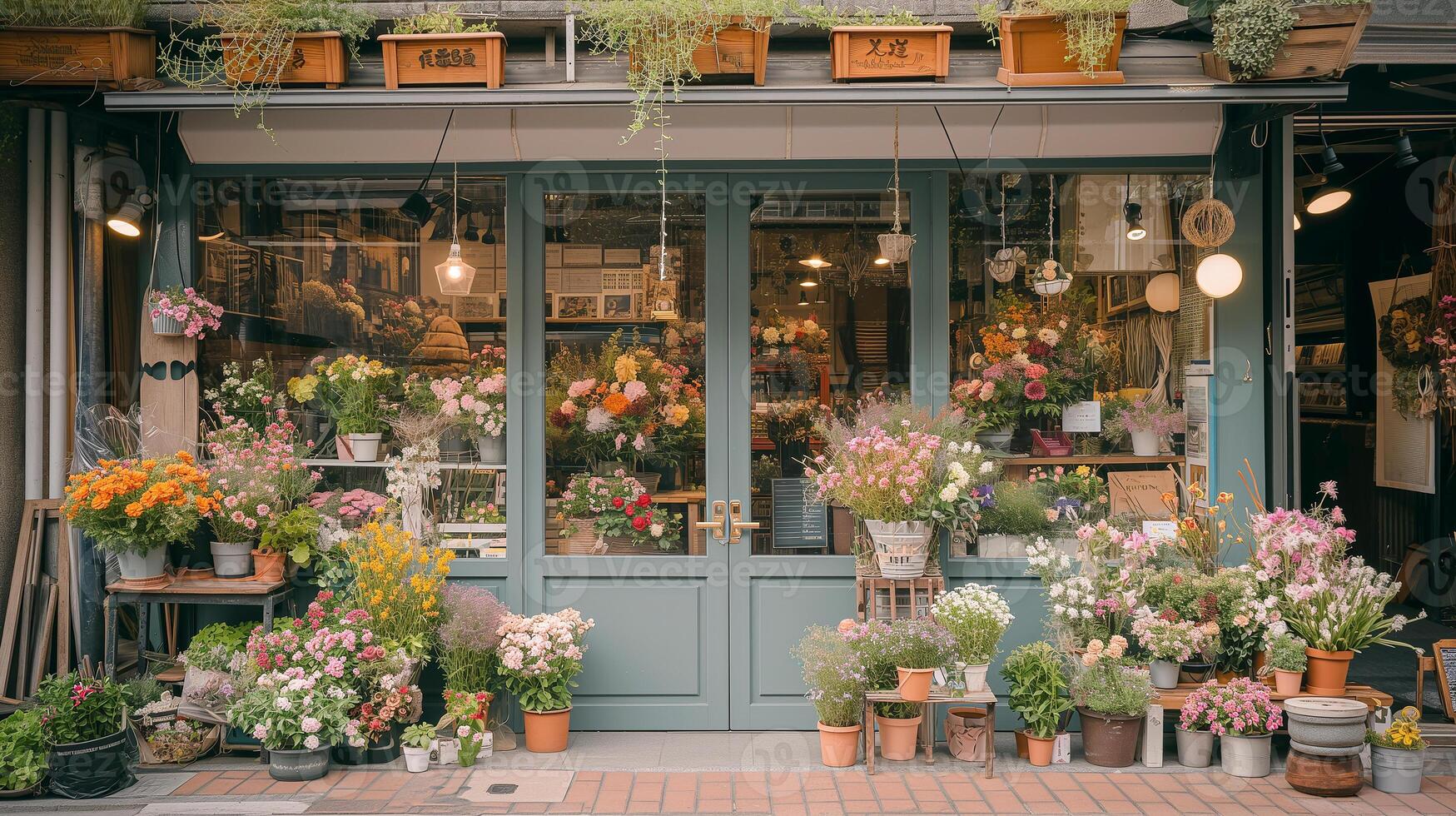 AI Generated Flowers near a flower shop. Flowers in flowerpots on the street of the city. photo