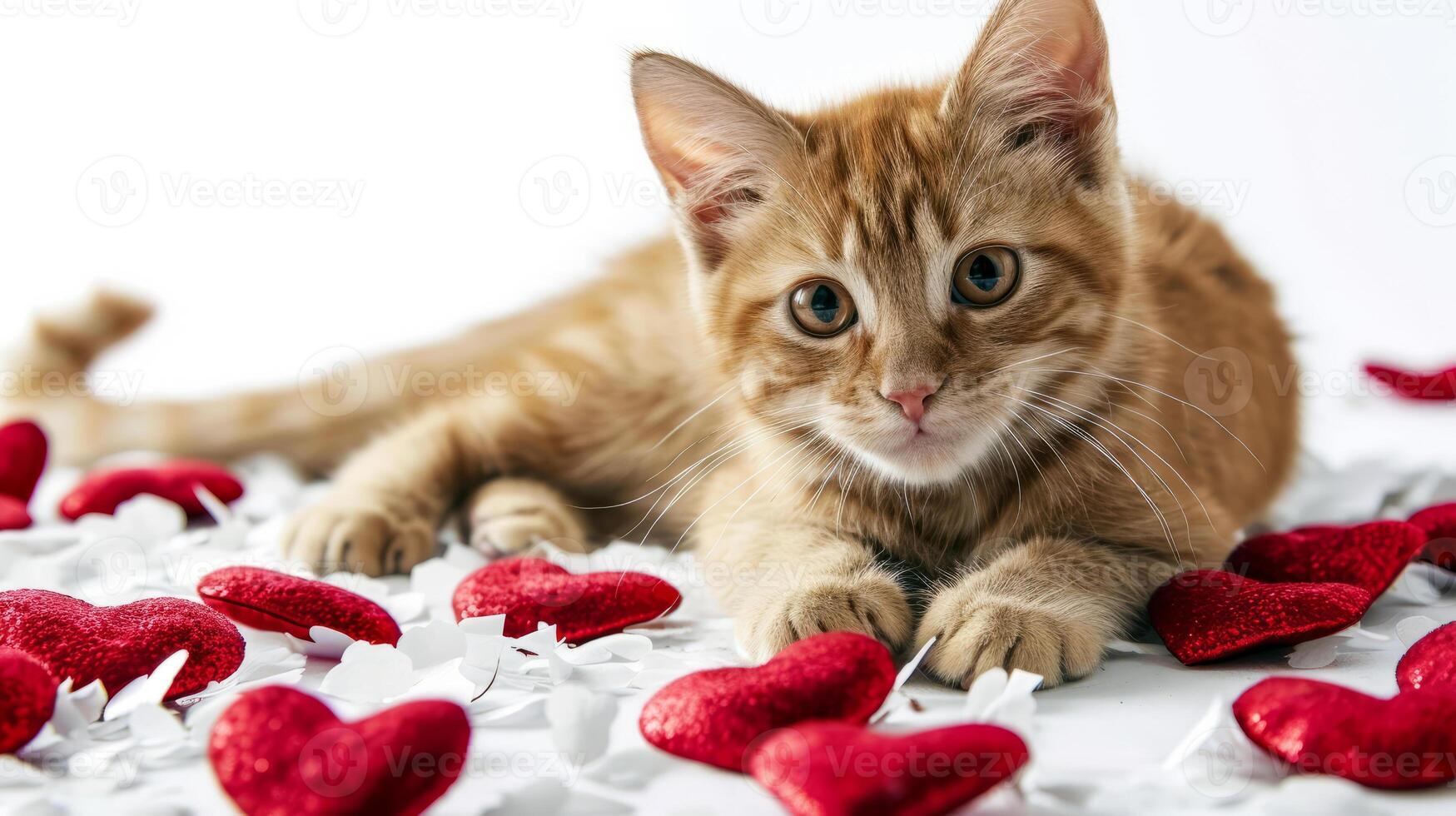AI generated A playful tired ginger kitten is hunting for red hearts on a white soft carpet. Spring and cats concept. photo