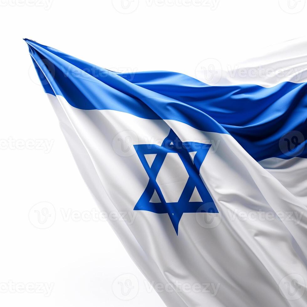 AI generated Israel flag isolated on white background. The national flag of Israel waves beautifully in the wind in a wave with the Star of David on a white background. photo