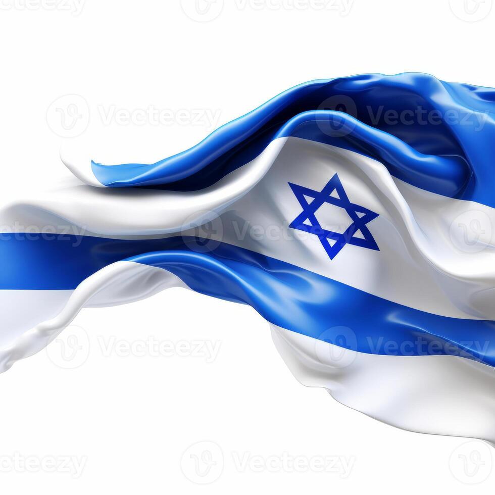 AI generated Israeli flag on white background. The flag of Israel fluttering in the wind on a white background. photo