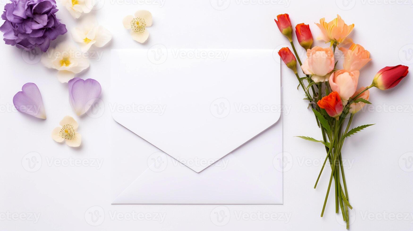 AI generated White envelope on the background of flowers and delicate lilac petals. Holiday greeting card, love letter design in 90s style. photo