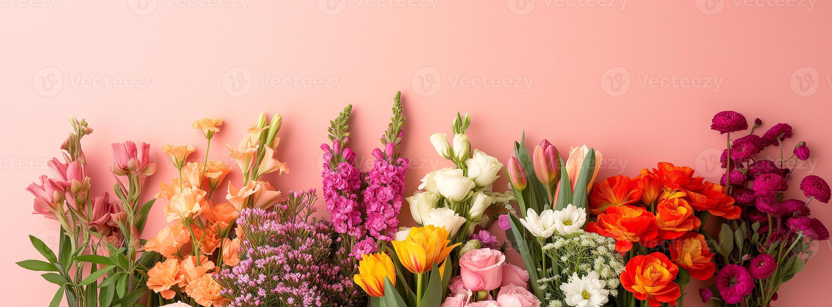 AI Generated Spring flowers background with copy space. Tulips, buttercups, and roses on a light pink background. Floral background for festive decoration. photo