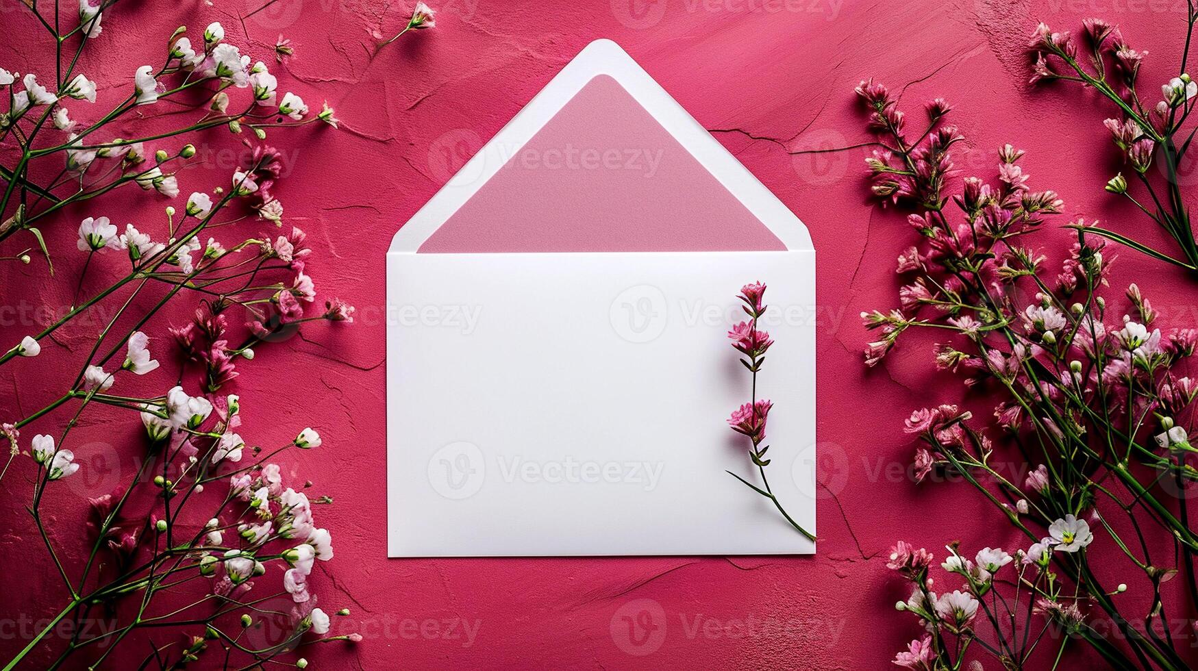 AI generated White open envelope and delicate flowers on a crimson background. Small flowers as a symbol of tenderness and care. photo