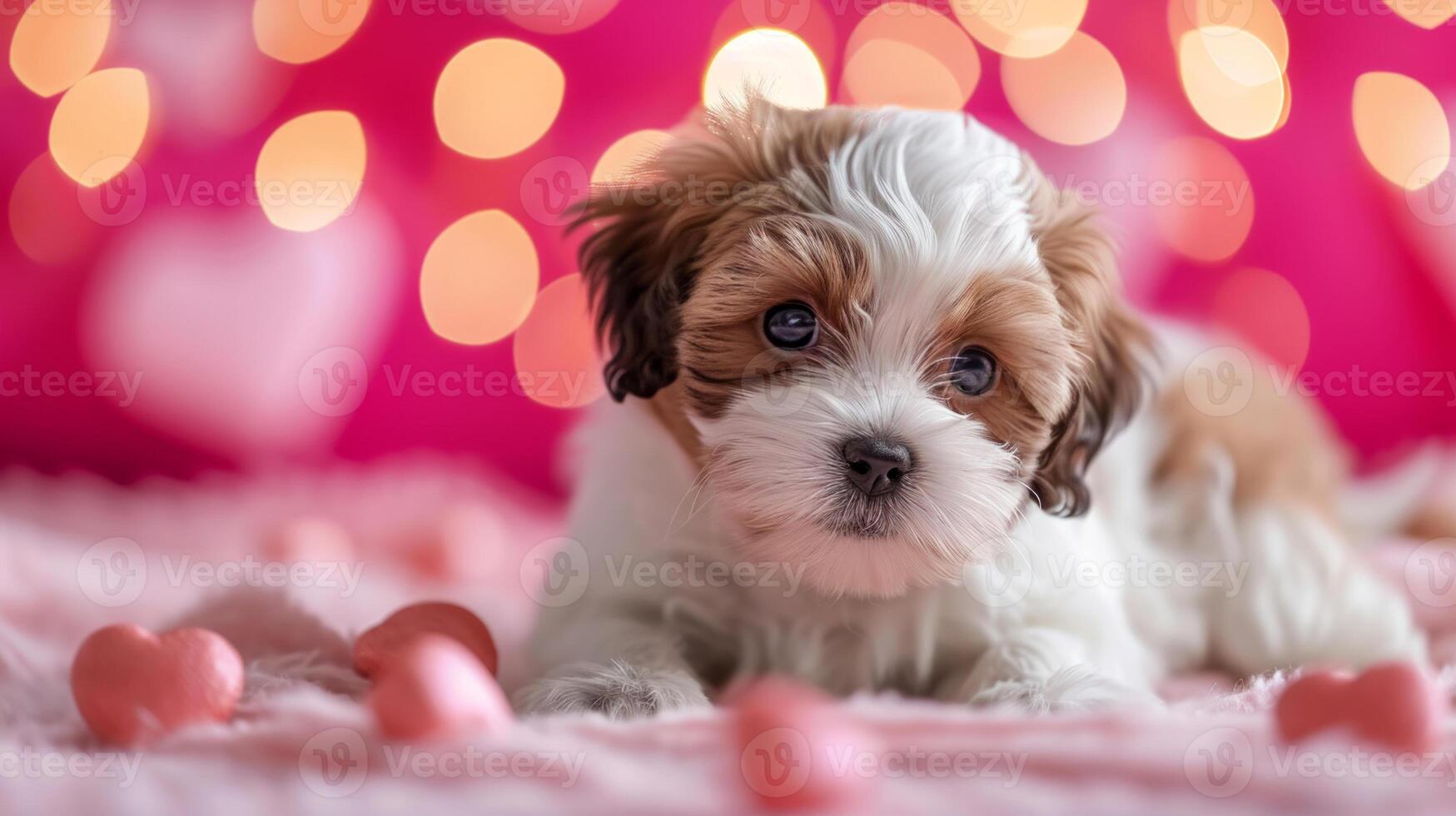 AI generated Cavalier King Charles Spaniel puppy lies and poses against a blurred crimson background with bokeh lights and pink hearts. Studio photo, holiday concept. photo