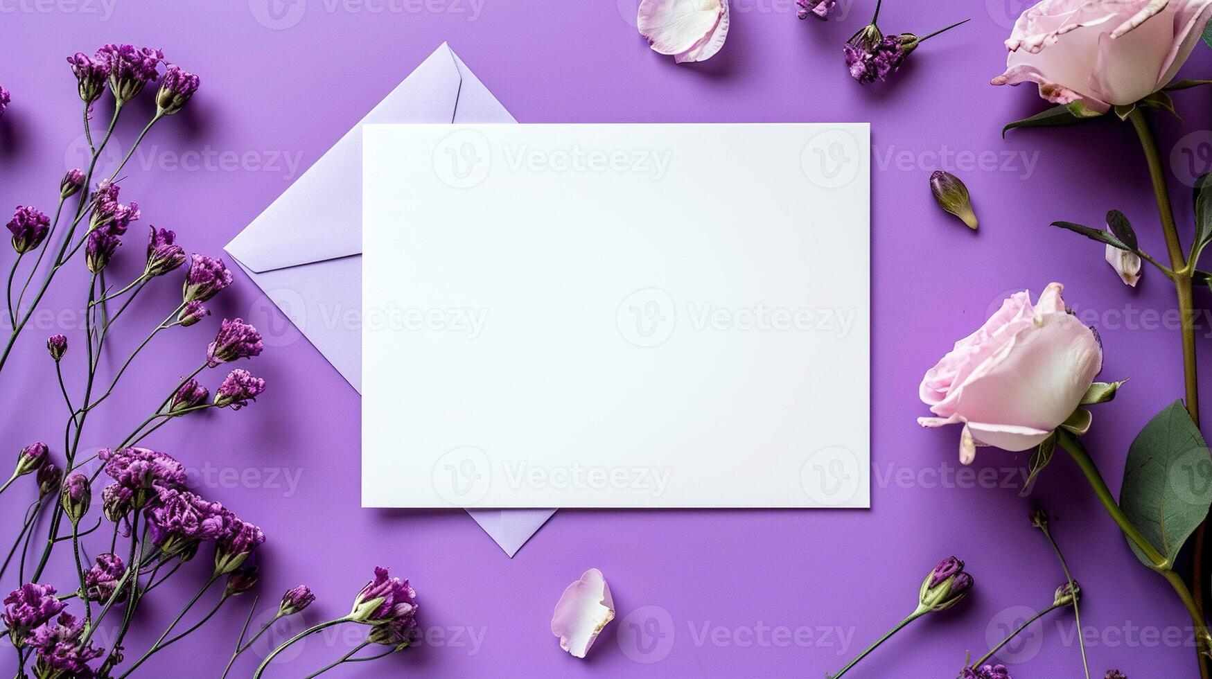 ai generado blanco blanco tarjeta y sobre en un púrpura antecedentes con rosas y púrpura pequeño flores elegante creativo disposición, romántico fiesta celebracion concepto. foto