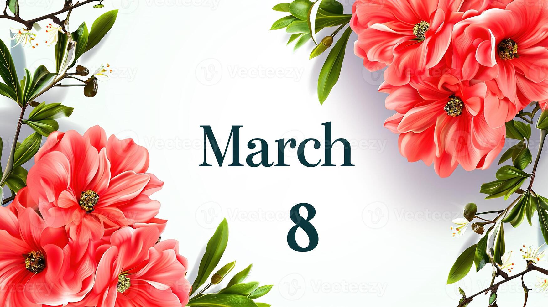 AI generated March 8. Background with decorated coral flowers rhinestones. Spring floral banner on a white background for March 8th. photorealistic digital illustration. photo
