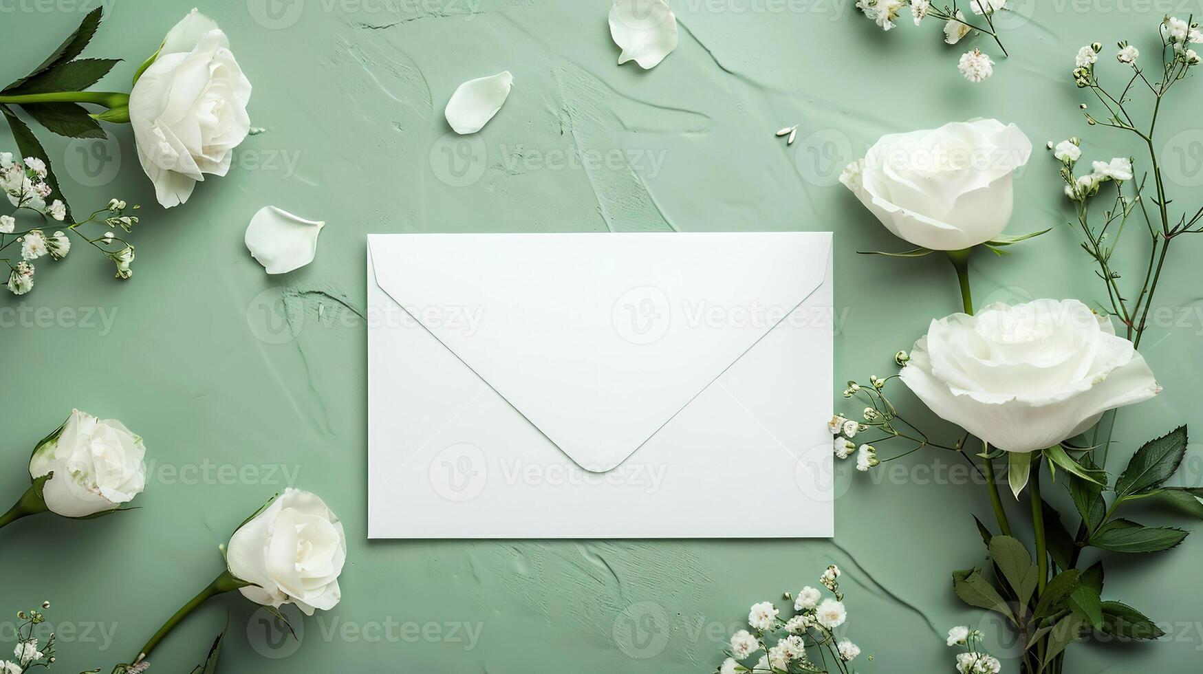 AI generated Flowers and envelope on green background. Invitation mockup, postcard from a white sheet of paper, an empty envelope and white delicate roses on a light green background. photo