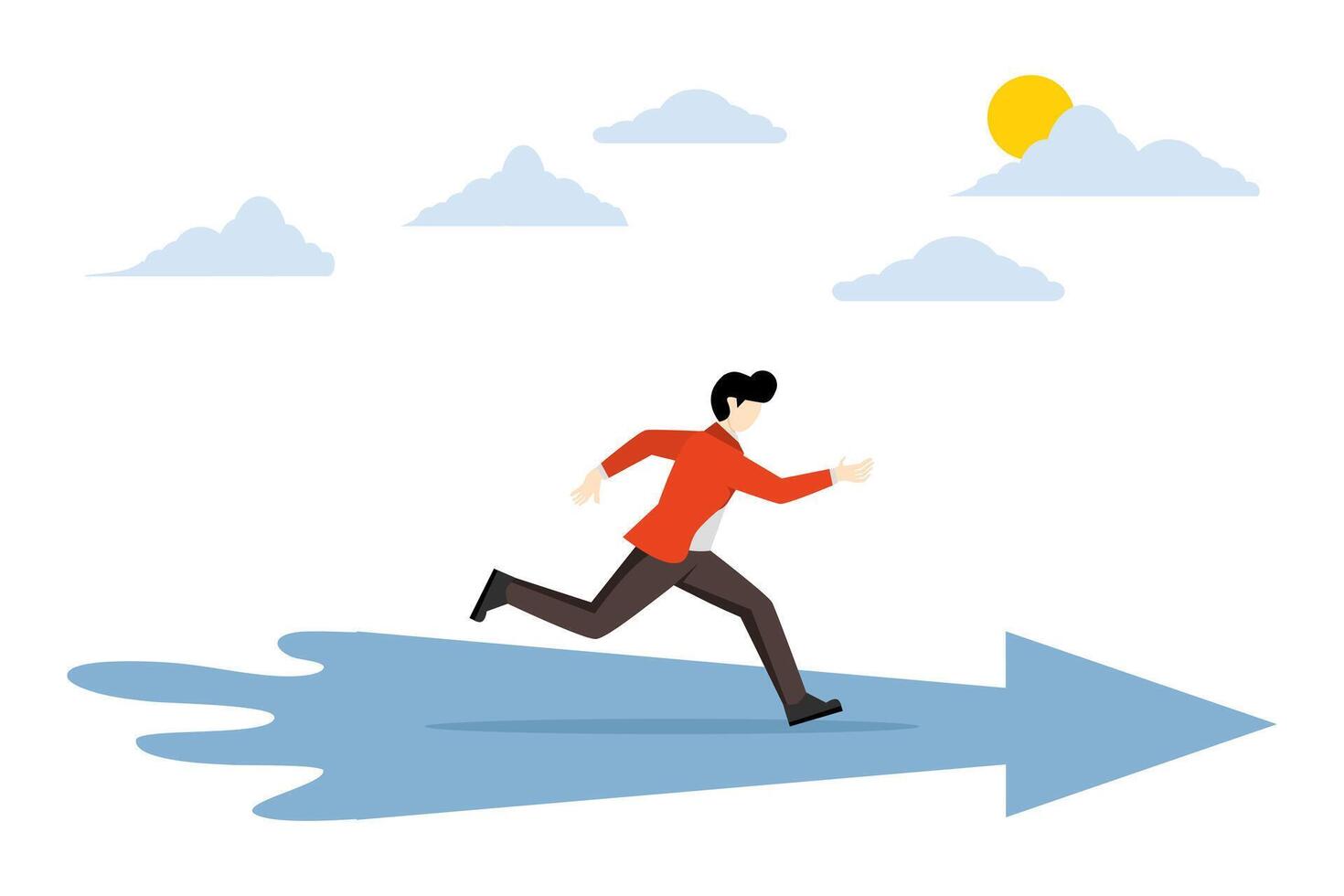 Concept Moving forward to achieve success, career development or work venture concept, confident ambitious businessman walking forward with arrow symbol, motivation to achieve business targets. vector