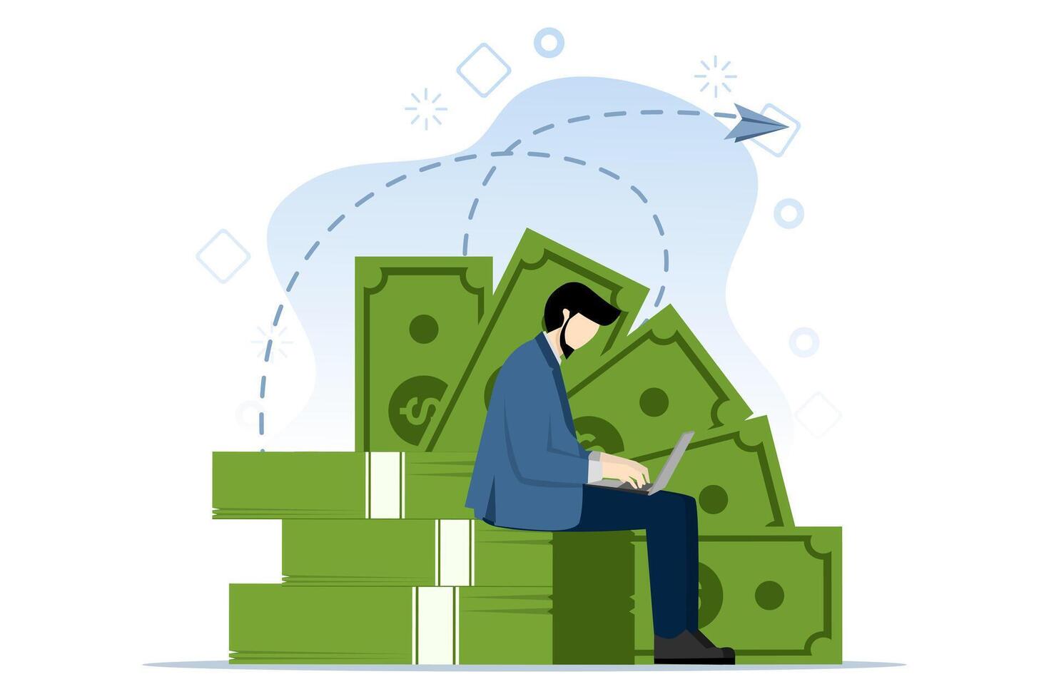 Online Business concept making money, businessman working with computer laptop sitting on stack of dollar bills, various streams of salary or income, side business or side income, return on investment vector