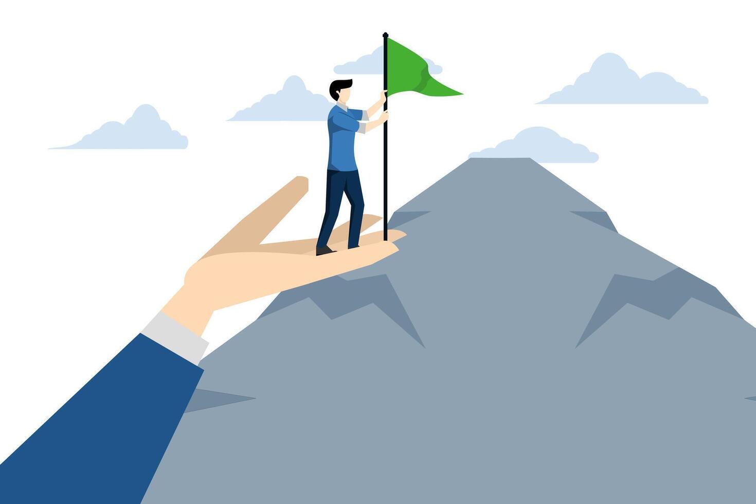 concept of inspiration or profit to achieve goals, coaching or mentor supporting employees to achieve business targets, businessman standing on giant help to reach mountain top target flag. vector