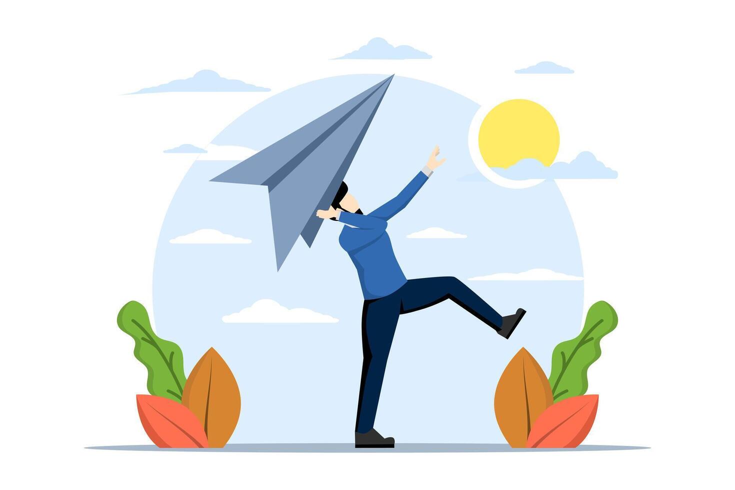 Concept of Starting a new business, ambitious businessman running a big paper airplane startup or entrepreneurship, creativity and inspiration to achieve business success concept. vector illustration.