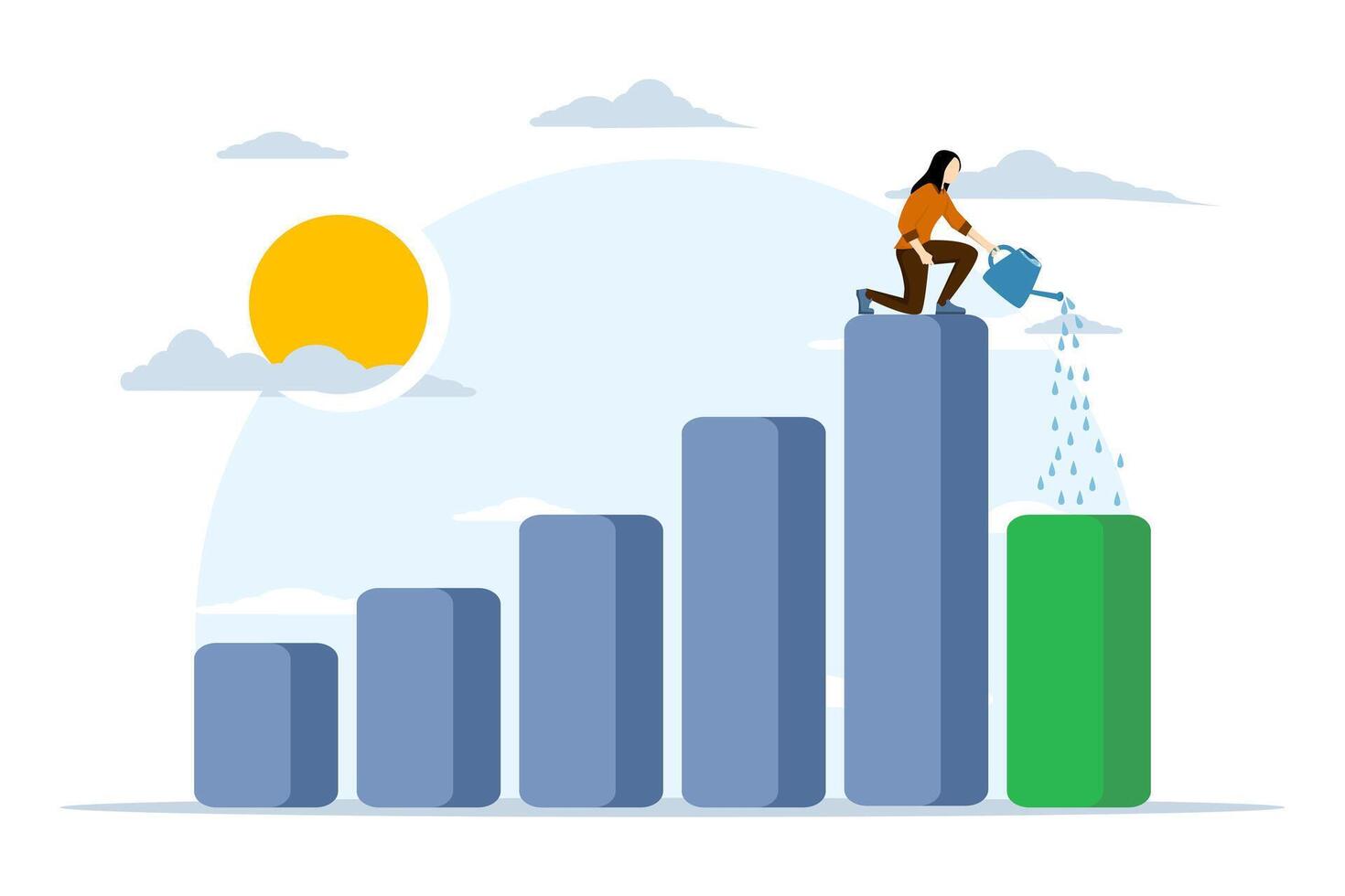 Economic recovery from money stimulus, leadership to develop business, business leader standing on profit bar graph irrigating bar graph growth of the year, investment growth or profit and income. vector