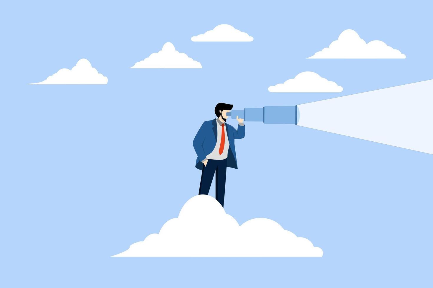 concept of seeing business opportunities, leadership vision to see company strategy to achieve targets, businessman driving telescope holding high clouds or binoculars looking at business vision. vector