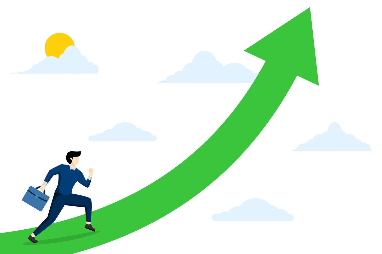 confidente inteligente empresario con maletín caminando en flechas creciente a el cielo, Progreso a trabajar, carrera camino a crecimiento, logro y éxito a trabajo o liderazgo a ganar negocio concepto. vector