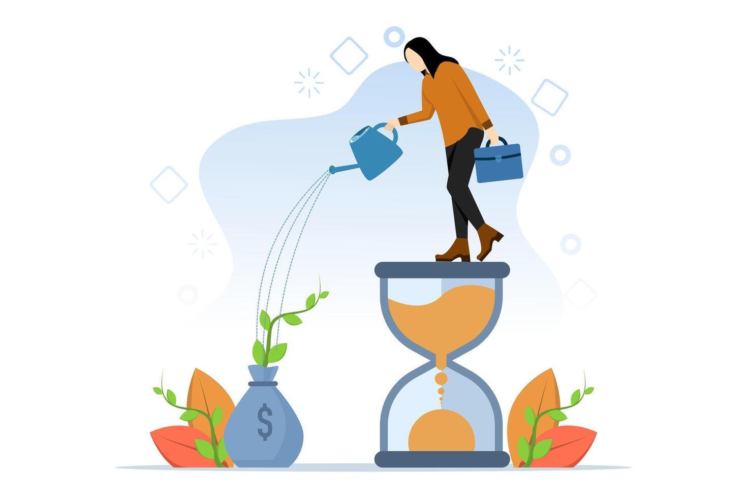 Savings and investment account concept, prosperity, smart businessman investor standing on money bag growing in sandy water, income growth from compound interest in long term investment concept. vector