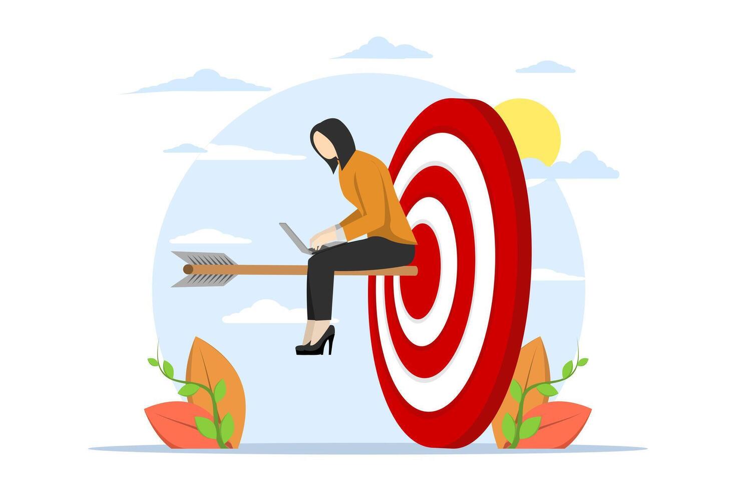 concept of easy victory with good strategy and planning, achieving goals and achieving targets, perfection or victory, skilled businesswoman working to win the arrow that hits the target. flat vector. vector