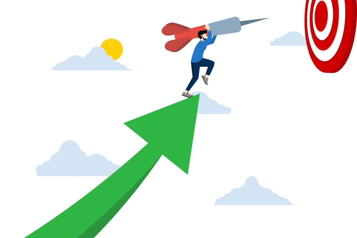 Successful business target achievement concept, achieving target and goal concept, holding graphic arrow up and jumping on target to win in business strategy, businessman leader. vector