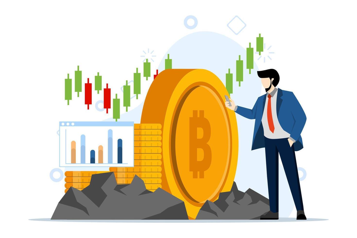 Crypto investment and mining. Digital assets. cryptocurrency vector illustration. Cryptocurrency or crypto digital money mining element. People hold and invest in bitcoin.