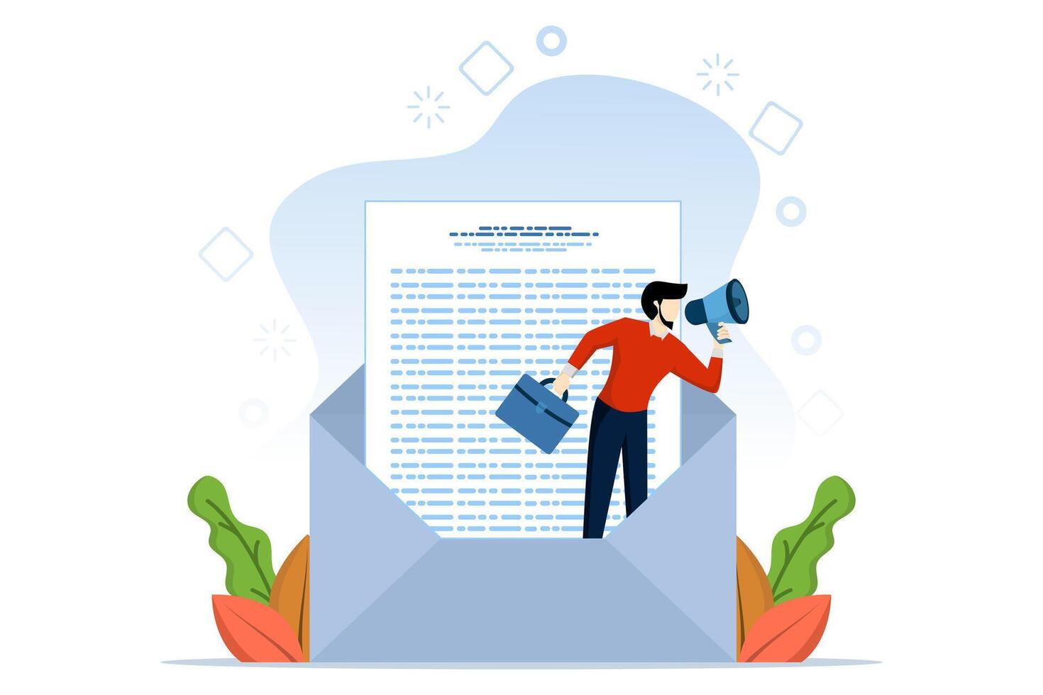 Email marketing, CRM concept, businessman standing on email envelope announcing promotion via megaphone, subscribing on the web and sending email newsletters for discounts or promotional information. vector