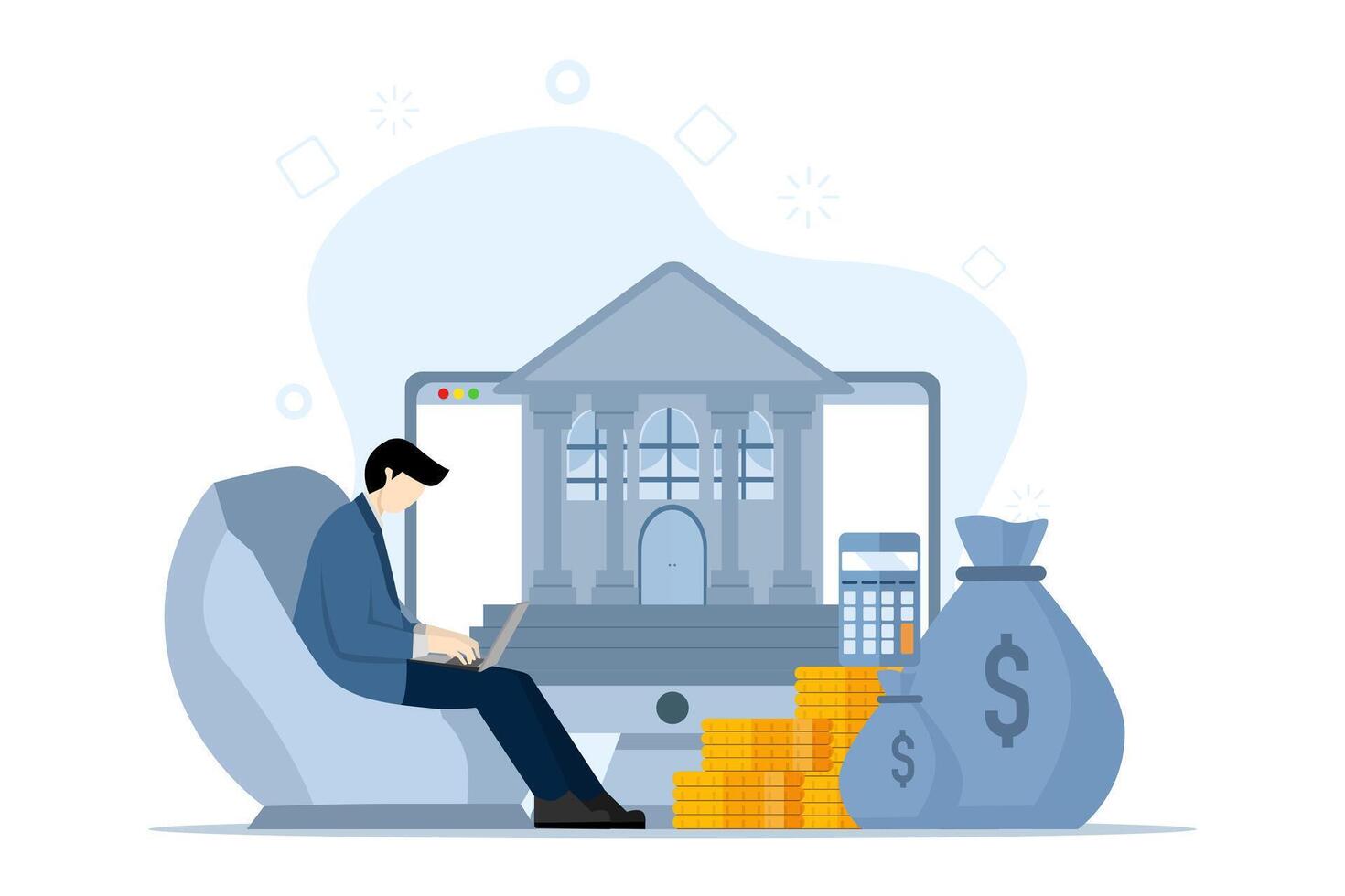 Public financial audit concept. Coins and banknotes lying near government finance department or tax office column building. Flat vector illustration on white background.
