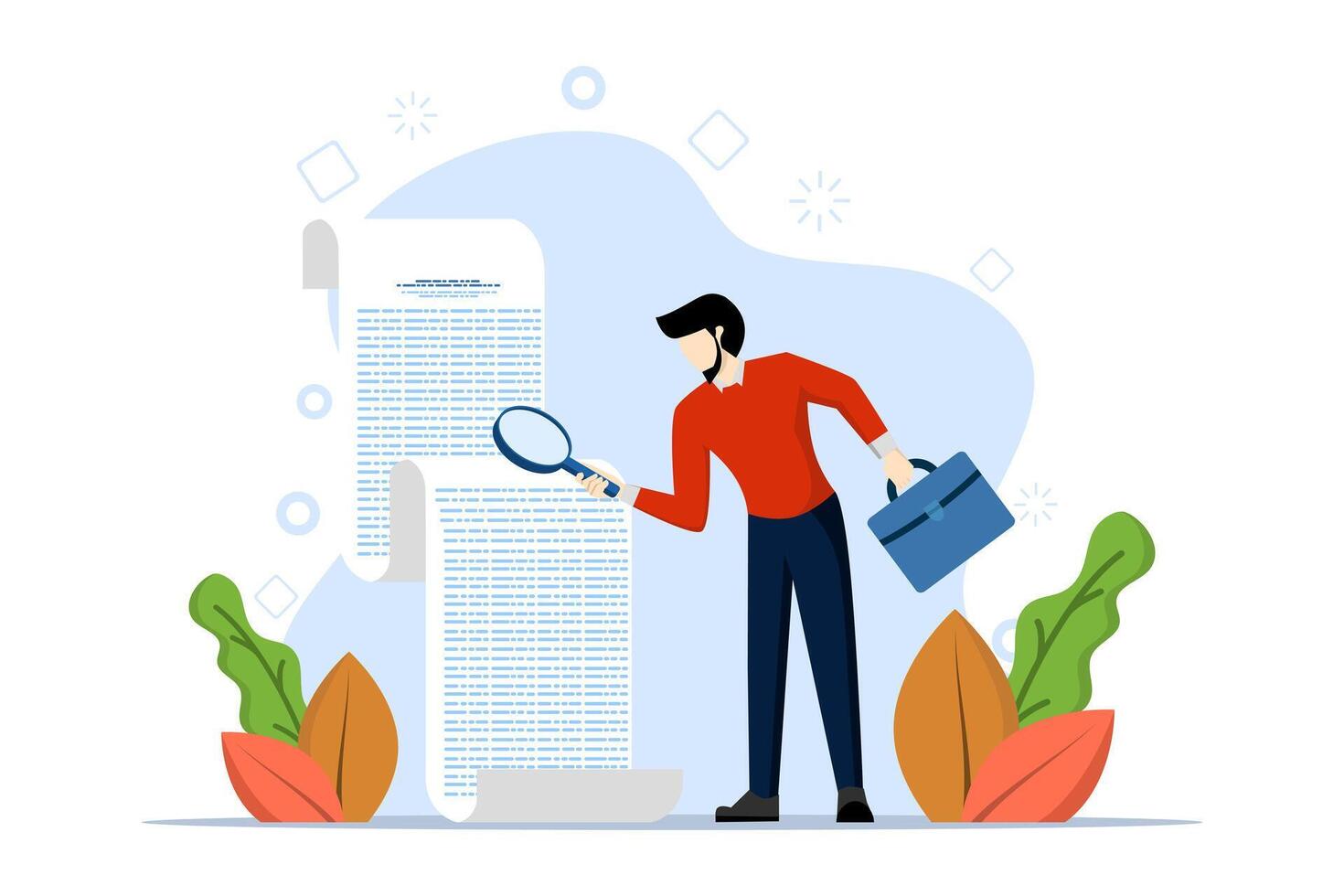 Document checking concept, businessman manager holding document paper checking big magnifying glass, contract approval or validation, financial or budget analysis, searching document file concept. vector