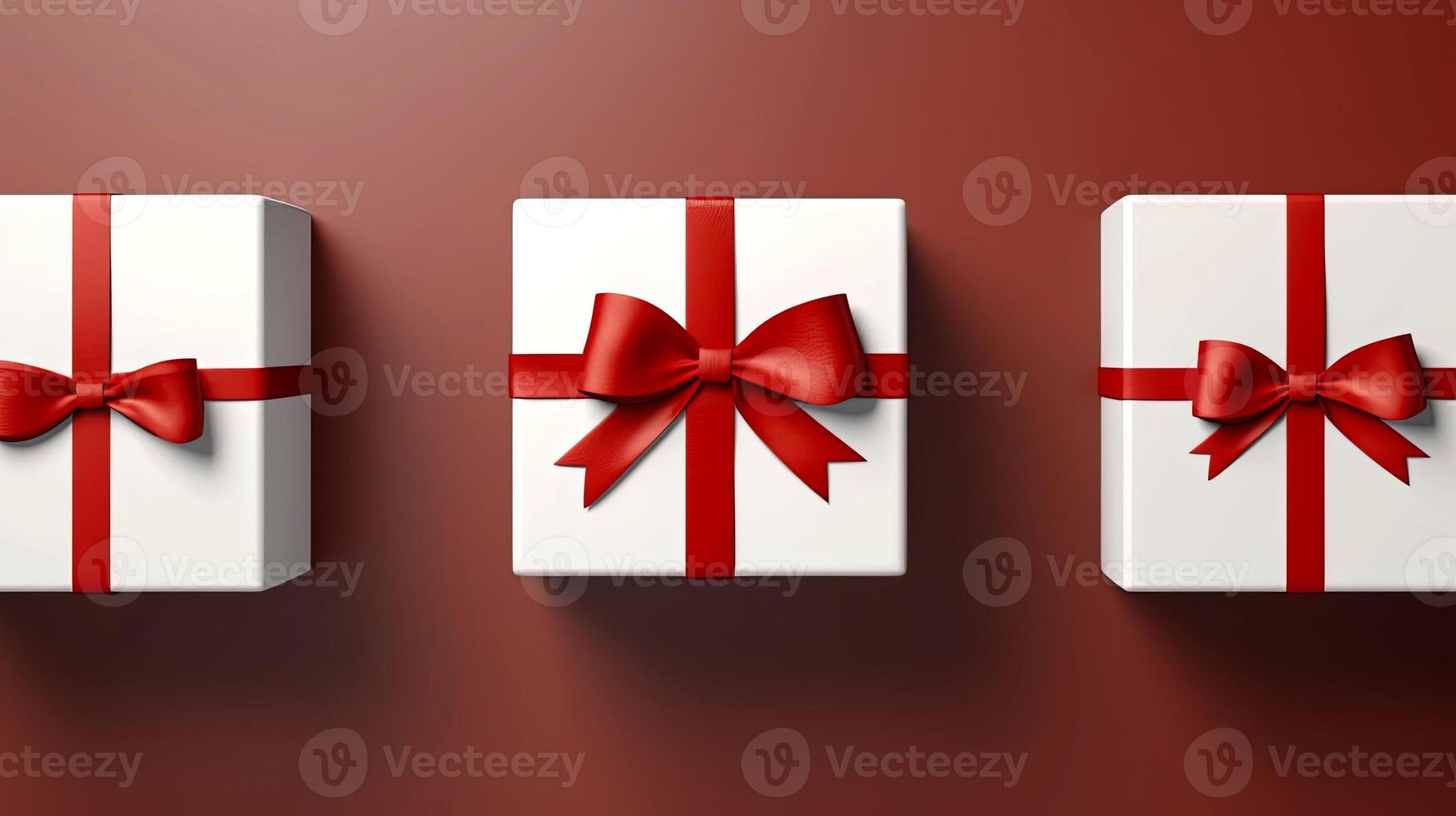 AI generated Three beautifully wrapped gift boxes adorned with elegant red ribbons and bows, presented against a rich, warm burgundy background. photo