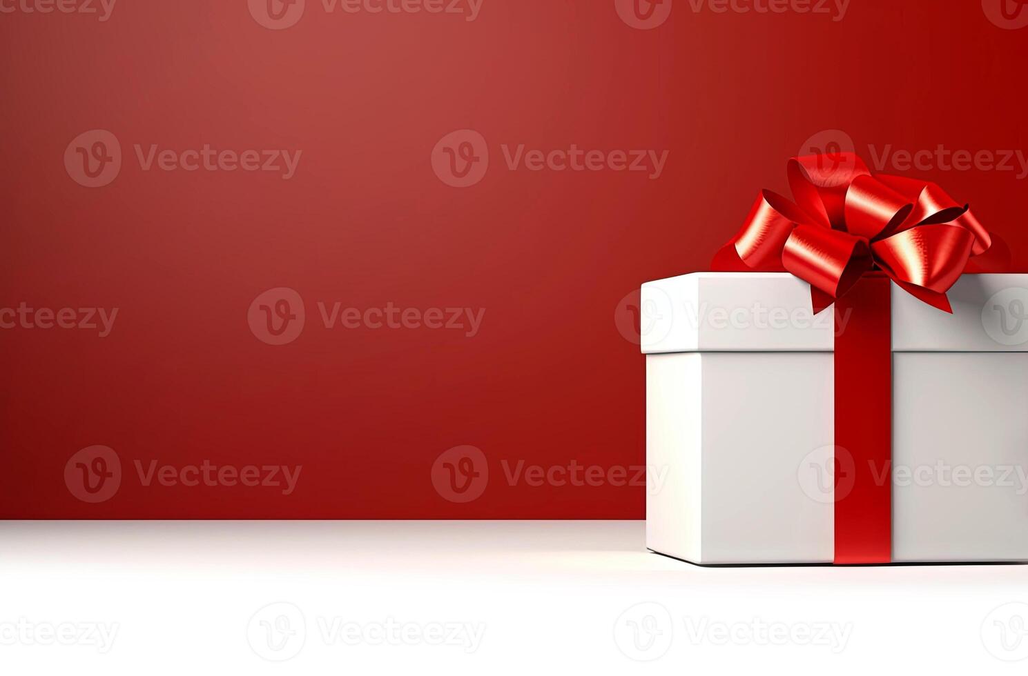 AI generated Elegant white gift box with a radiant red bow on a vibrant red background. photo