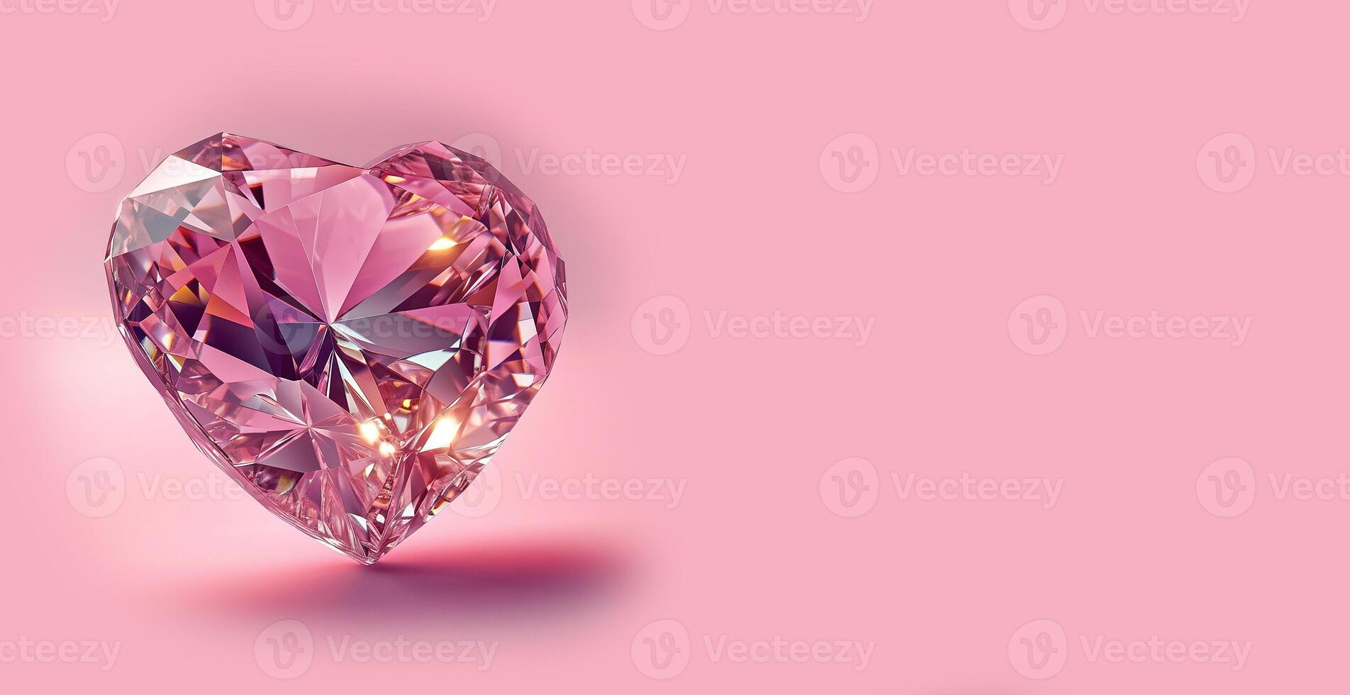 AI generated Crystal symbol of Valentine's Day in the shape of a pink heart. Jewelry heart on a pink background, with space for text. Valentine's Day concept. photo