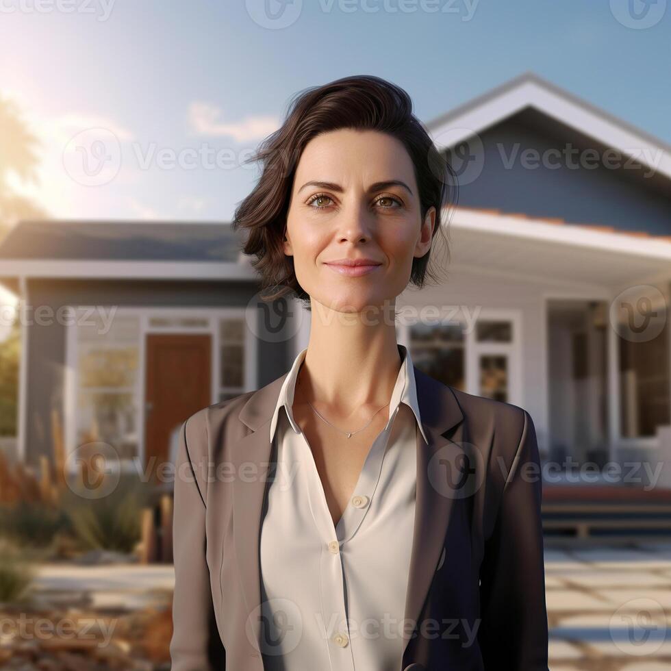 AI generated Woman - Professional on the background of a dream house. photo