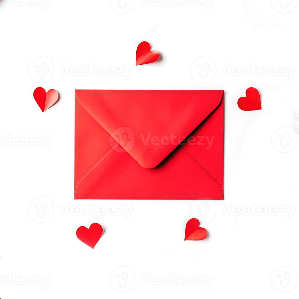 AI generated Red envelope with hearts on a white background. Valentine's Day greeting concept. photo