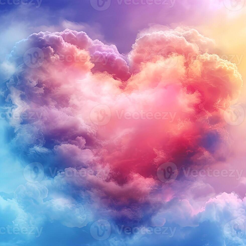 AI generated Love in the clouds. Cloudy sky. Sunlight in heart-shaped clouds. Abstract landscape, sky. Beautiful sunset. Atmospheric front in the shape of a heart, the magic of nature. photo