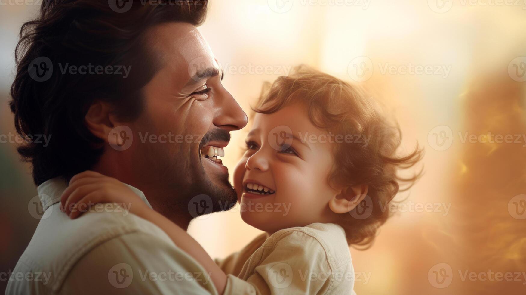 AI generated Child in his father's arms. Loving father and son having fun together. Young father and son hugging and looking at each other. photo