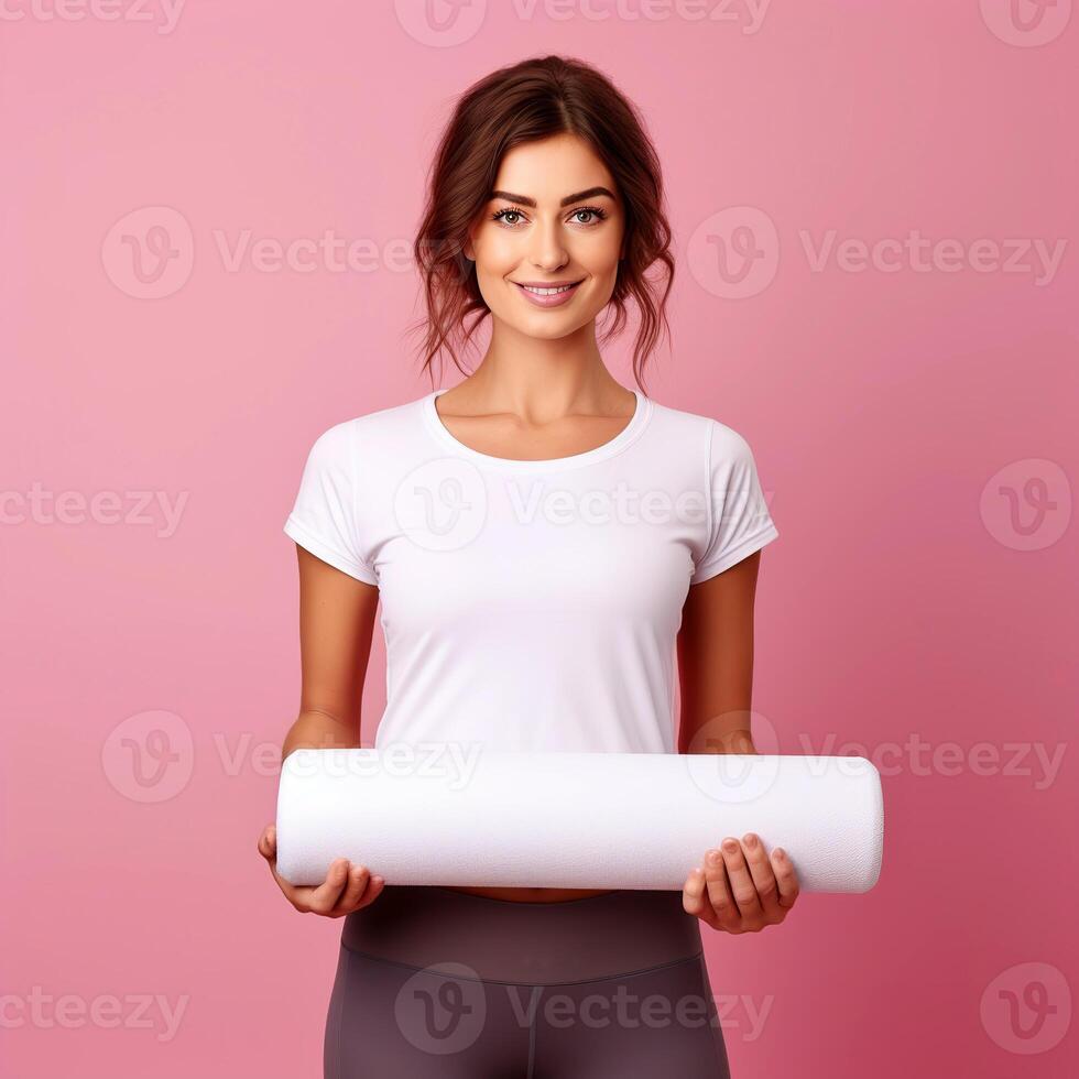 AI generated Young girl in a white T-shirt on a pink background with a place for advertising. Cropped shot of unknown woman poses with sport equipment. The concept of a healthy lifestyle. photo