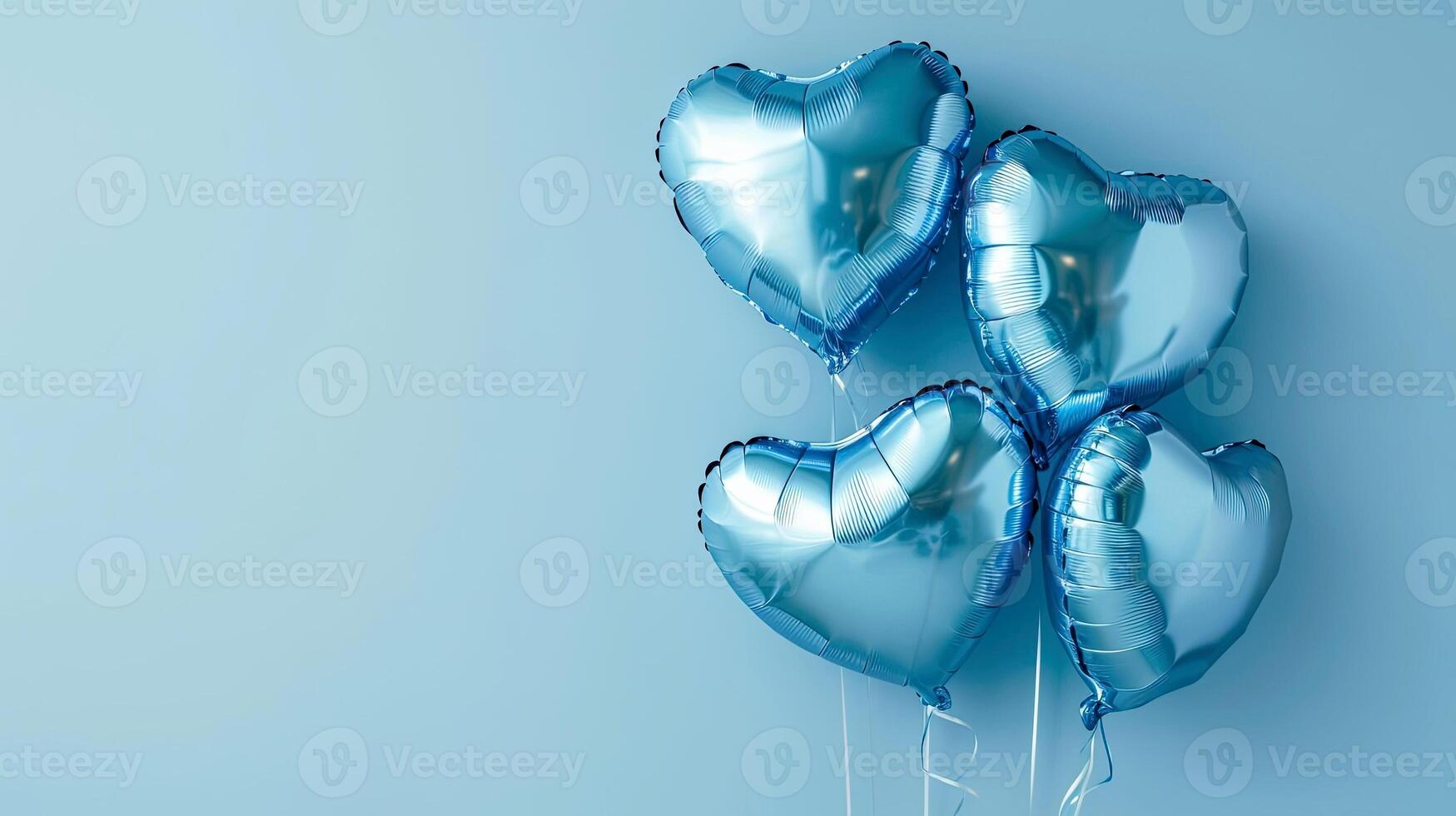 ai generado cuatro brillante azul corazón conformado globos flotante en un ligero azul antecedentes con Copiar espacio. foto