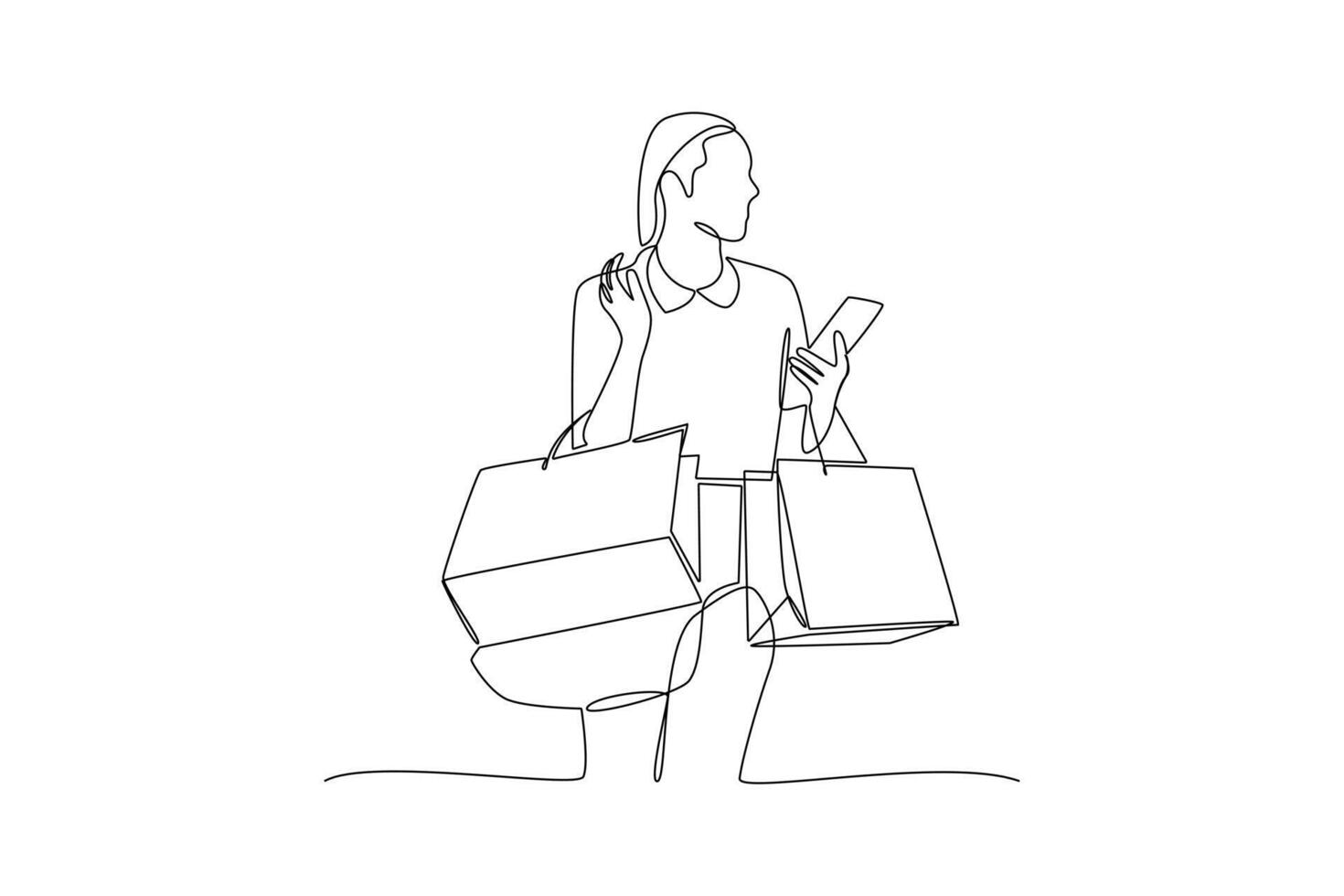 One continuous line drawing of Happy people shopping at mall. Shopping concept. Doodle vector illustration in simple linear style.