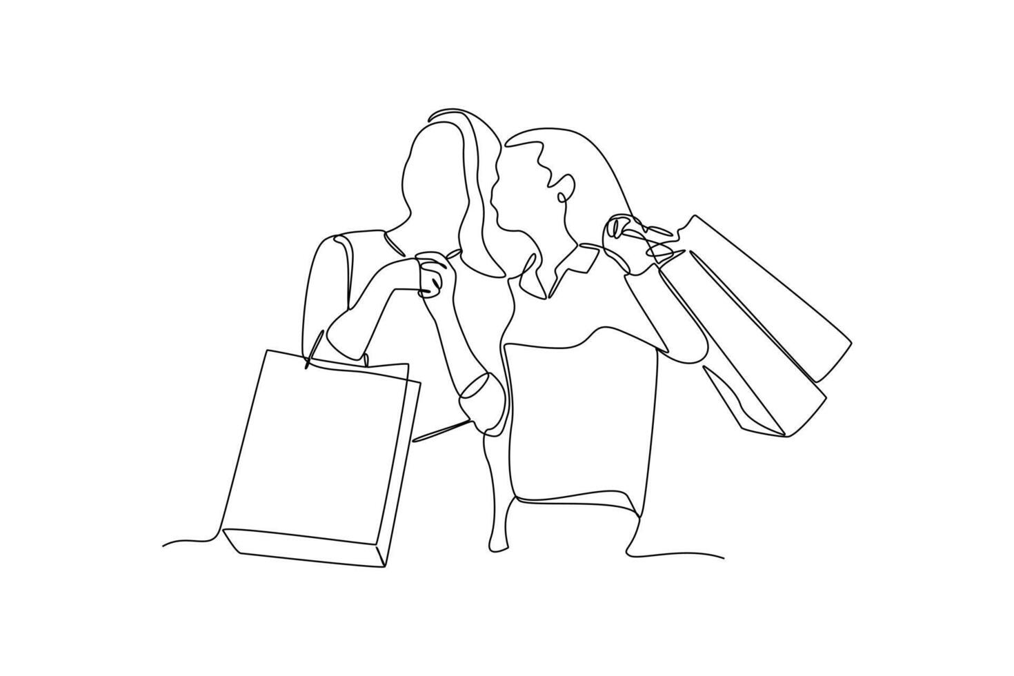 One continuous line drawing of Happy people shopping at mall. Shopping concept. Doodle vector illustration in simple linear style.