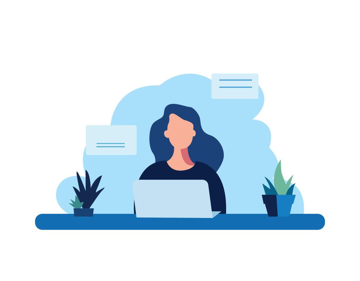 female working on laptop flat character illustration vector