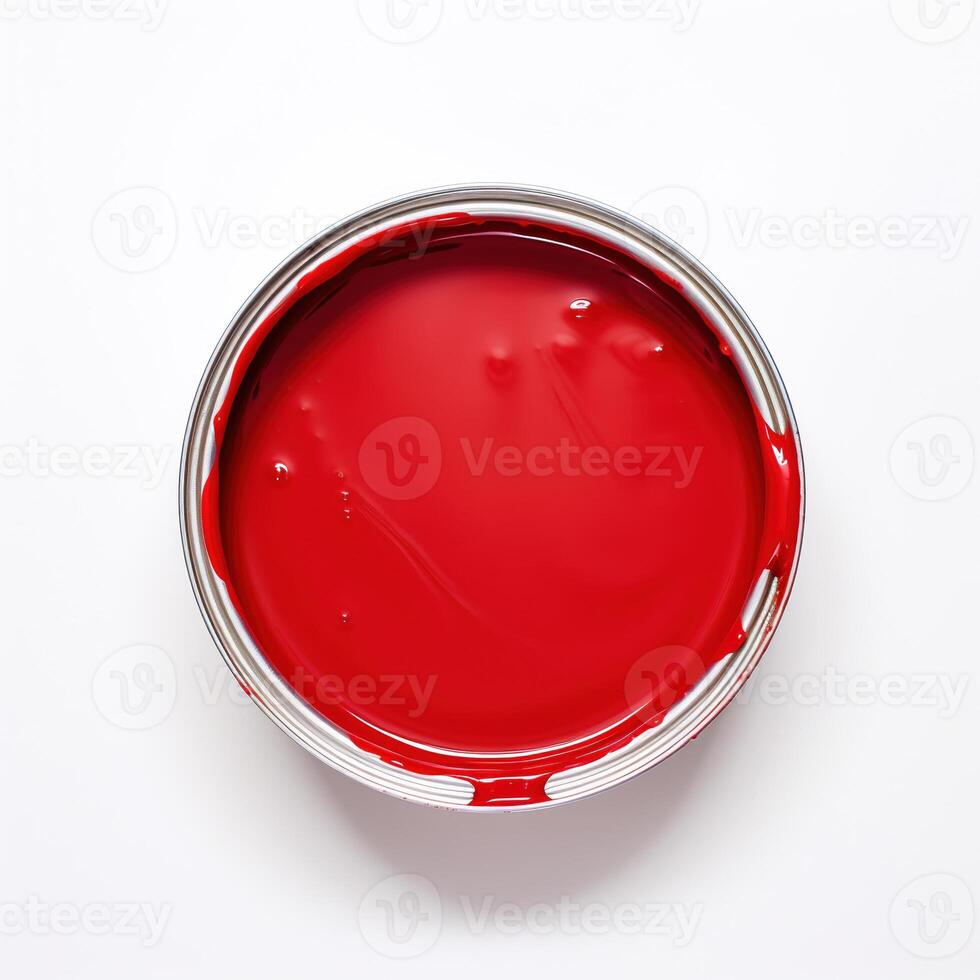 AI generated A can of red paint with splattered edges, top view. Bright red cosmetics on a white background. photo