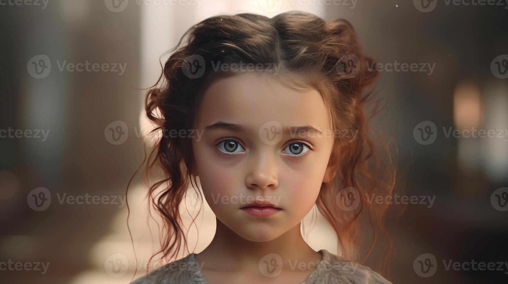 AI generated Portrait of a beautiful little girl with curly hair in a gray dress. Cute girl with curly hair with green eyes looking confidently at the camera. Children's emotions. photo