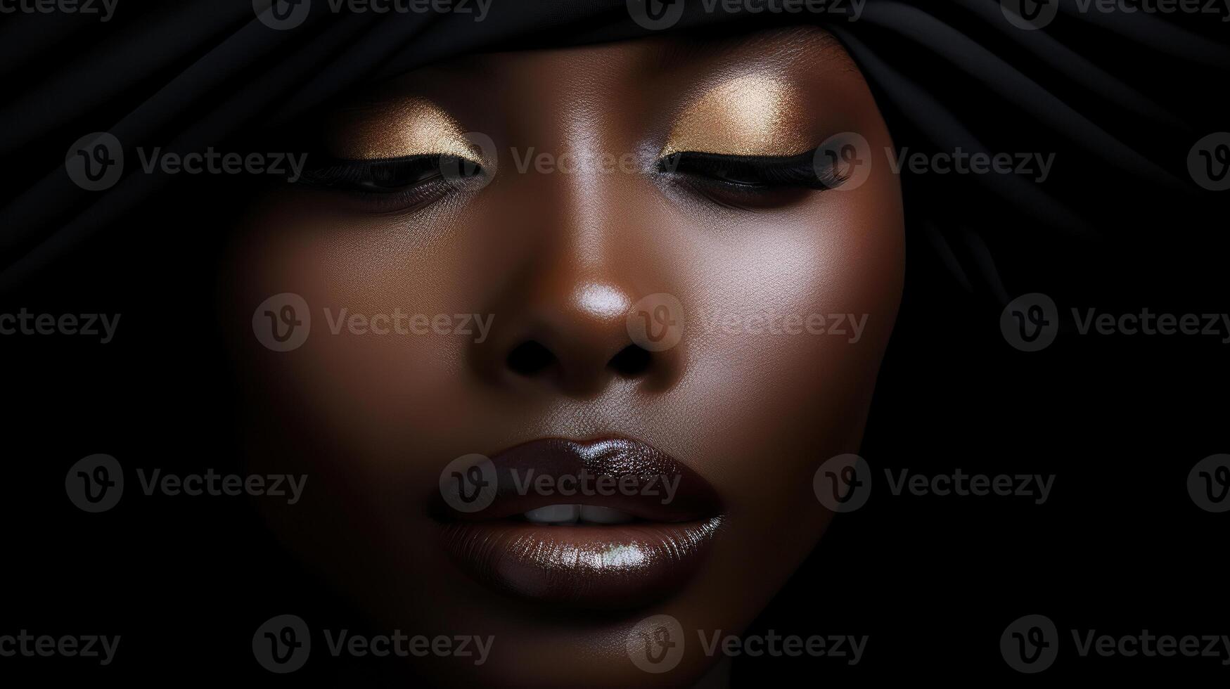 AI generated Close-up portrait of a beautiful African American woman with evening makeup. photo