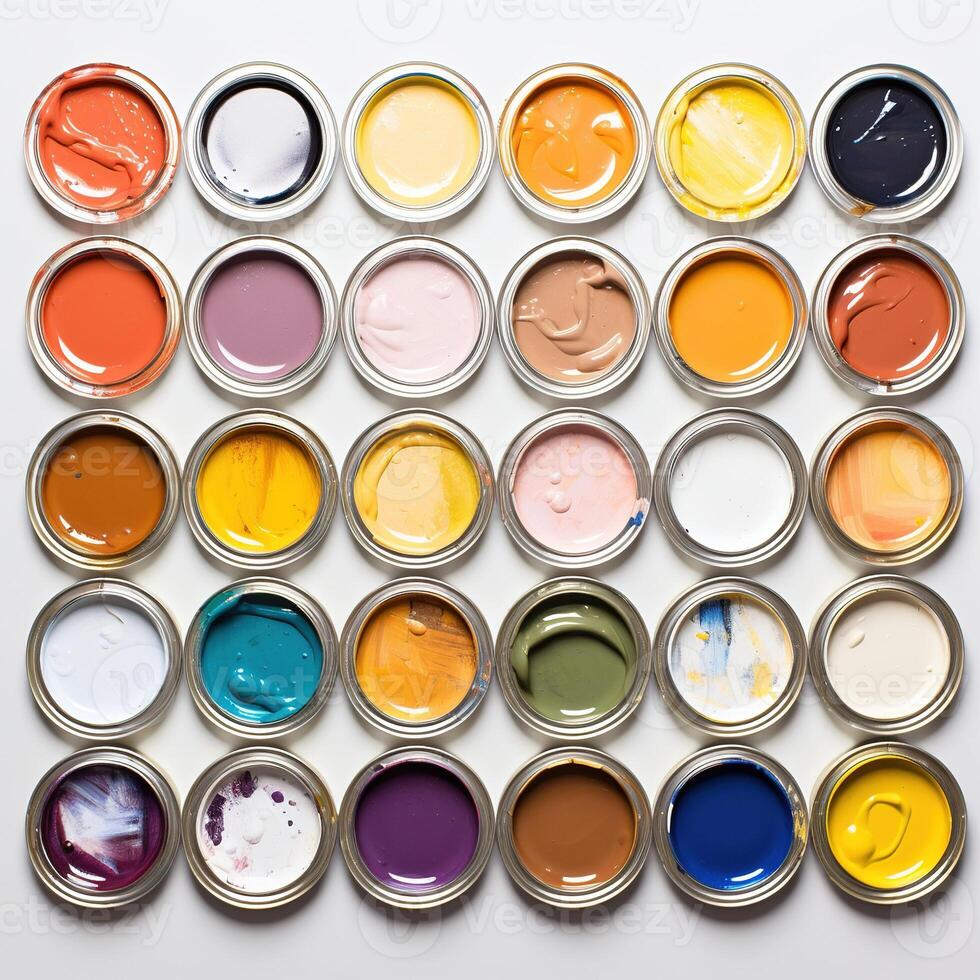 AI generated Cans lid of paint isolated on white background. Top view. A large set of paints. Flat lay. photo