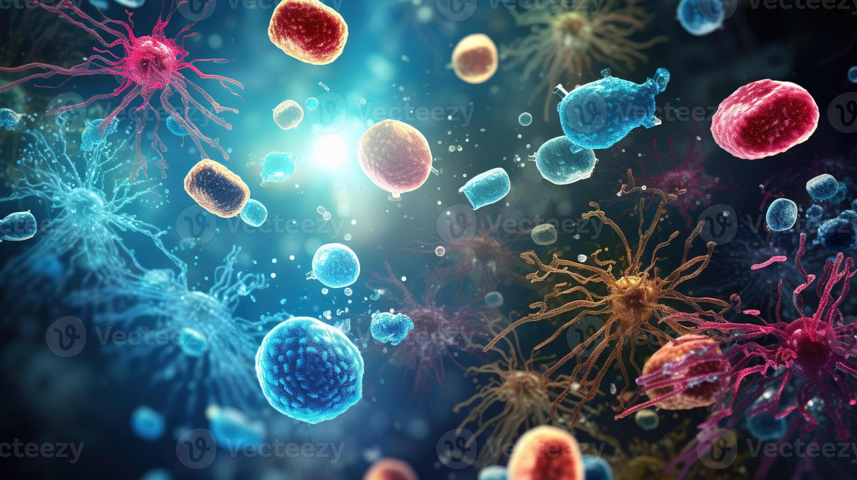 AI generated Digital illustration of virus in color background. Virus cells in medical background. Microscopic view. Abstract background for a body microbiome bacterium medical concept. photo