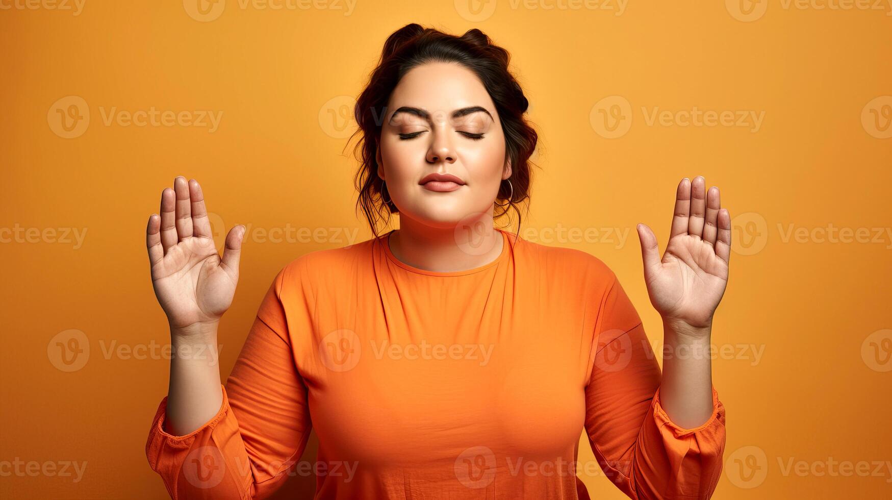 AI generated Beautiful overweight meditating girl isolated on orange. Young spiritual chubby overweight woman in orange shirt. photo