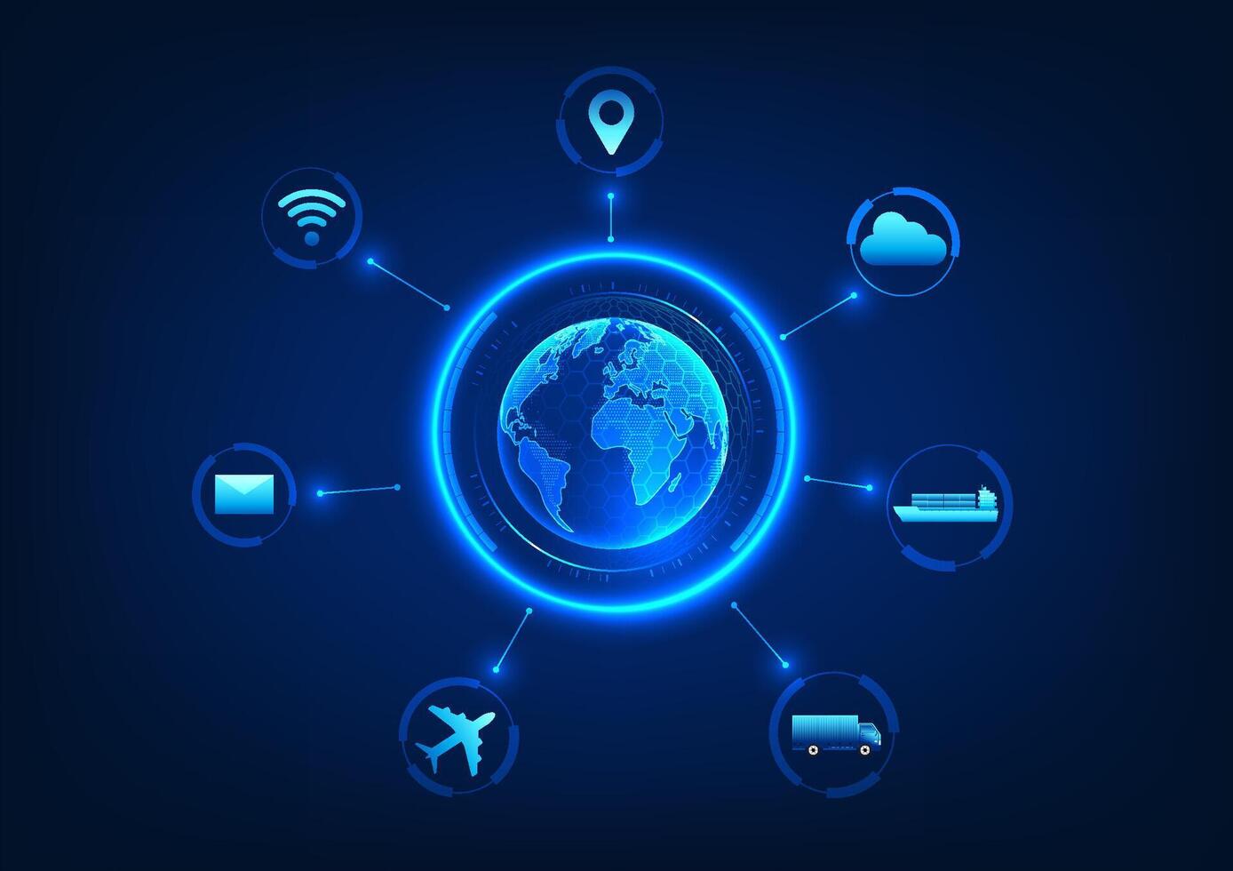 Transportation or logistics industry Shipping goods around the world via planes, ships, and trucks using AI technology. Come in and help manage communications, specify locations, and navigate. vector