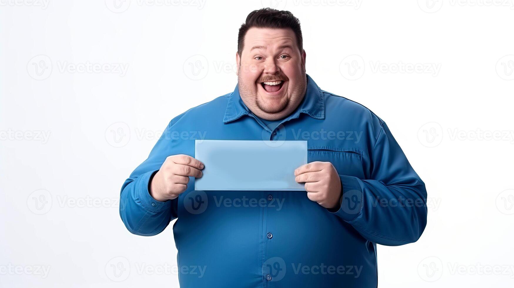 AI generated Fat man in red t-shirt displaying a white banner ad isolated over a yellow background. photo