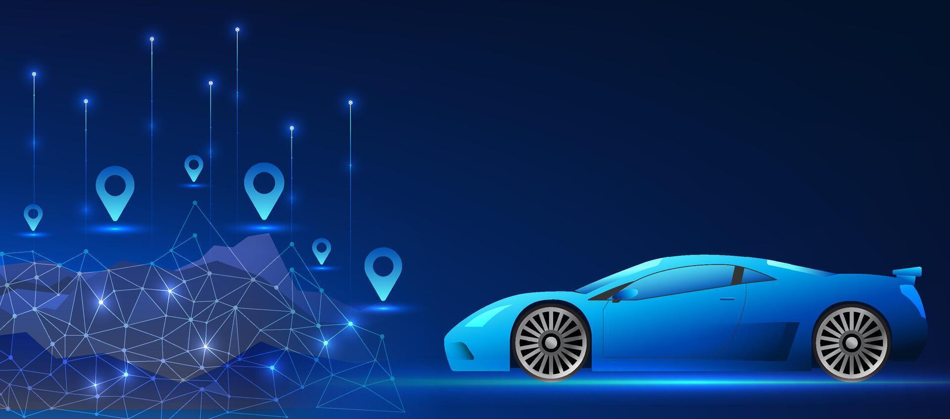 Smart car technology background One of the most innovative vehicles connected to technology is a vehicle with a GPS navigation system. Sports car heading towards the mountains with GPS markers vector