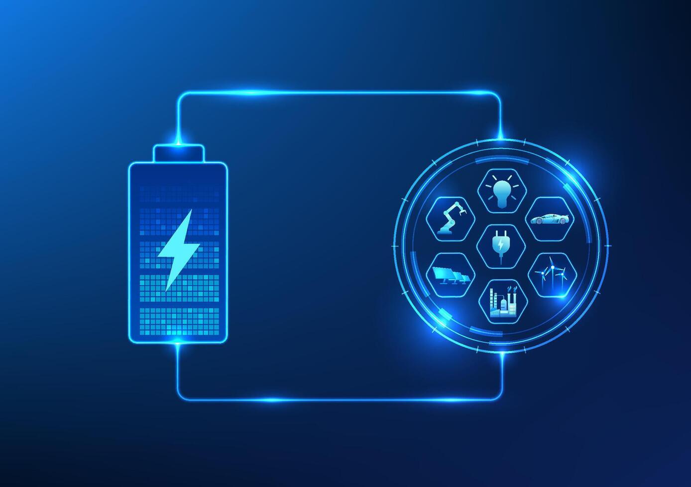 Battery technology that supplies energy to the technology circle It shows that batteries are a backup power source commonly used in the manufacturing industry. export industry and household vector